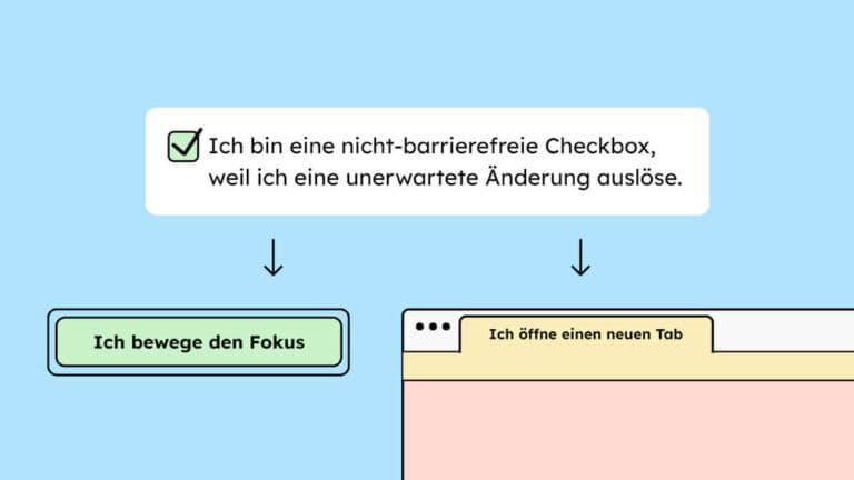 Eine Illustration einer Checkbox. Diese löst unerwartet Kontextänderungen aus, wenn man sie anklickt. Sie bewegt den Fokus weg oder öffnet einen neuen Tab.