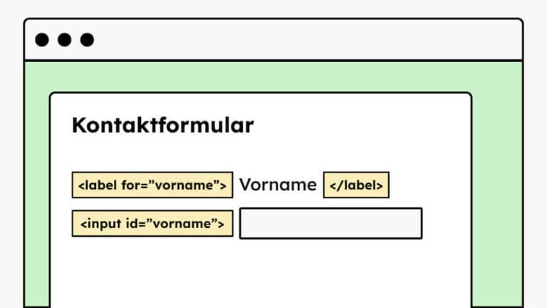 Eine Illustration von einem Kontaktformular. Man sieht das Input-Feld für Vorname. Darüber ist ein Beschriftung des Feldes, die durch das HTML "for"-Element mit dem Input-Feld darunter verknüpft ist.