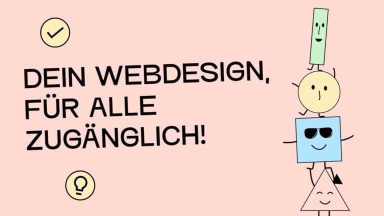 Dein Webdesign für alle zugänglich! Unsere vier Maskottchen stehen aufeinander in einem Turm und lachen.