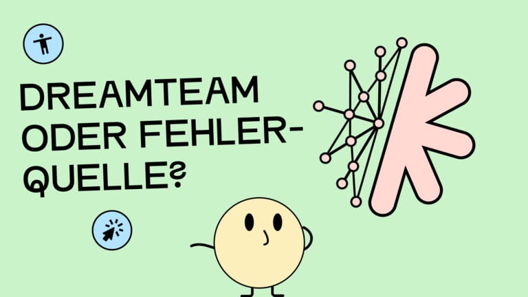 Auf der Grafik steht: Dreamteam oder Gefahrenquelle. Dazu ist ein stilisiertes Gehirn abgebildet. Eine Hälfte besteht aus einem Netz aus Linien und Punkten. Unten in der Mitte steht ein gelber, runder Comic-Character und kratzt sich verwirrt am Kopf.