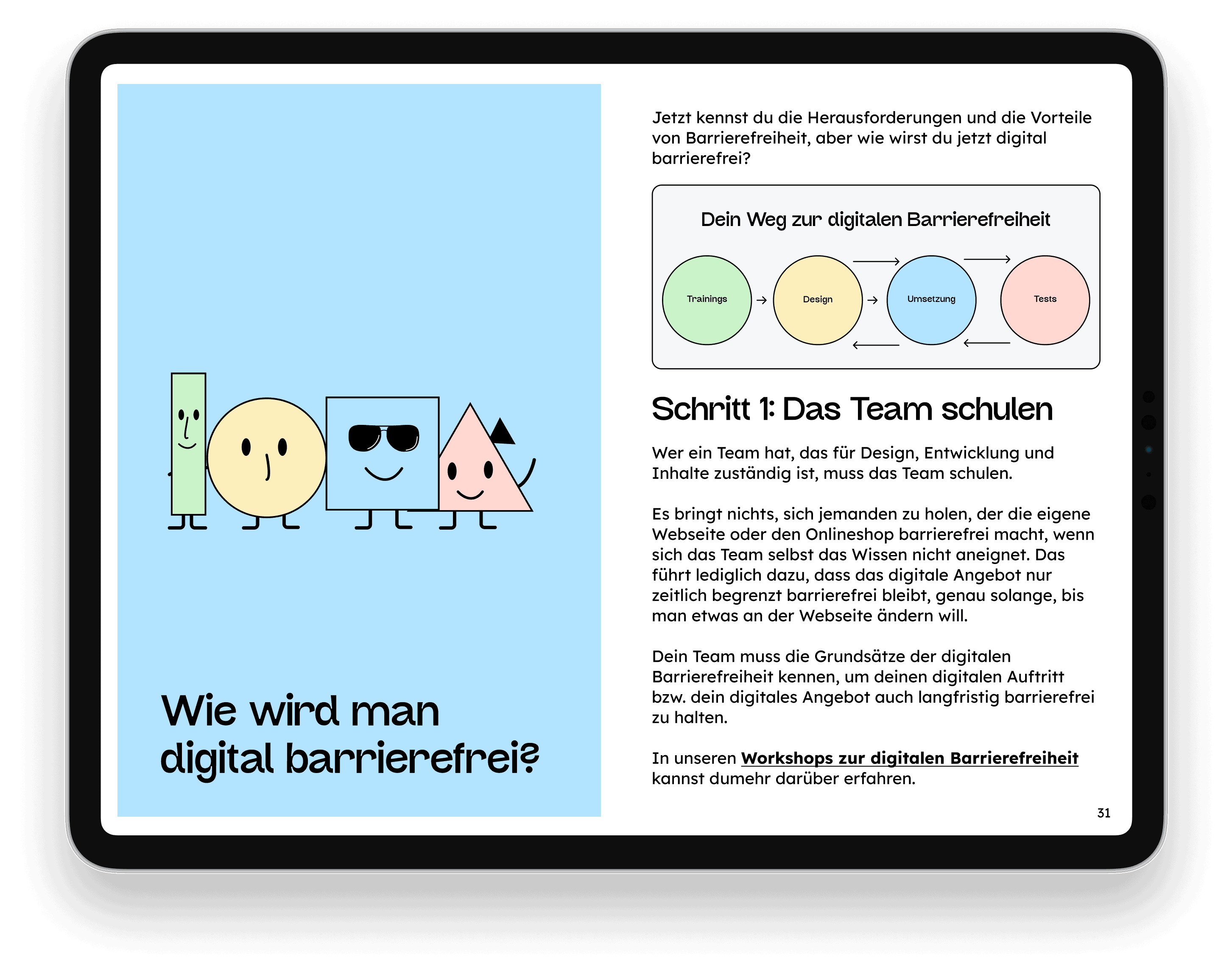 Ein Tablet mit geöffnetem PDF. Der Titel des Kapitels lautet "Wie wird man digital Barrierefrei".