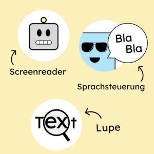 Drei Arten assistiver Technologie: Screenreader, Spracherkennung und Bildschirmlupe