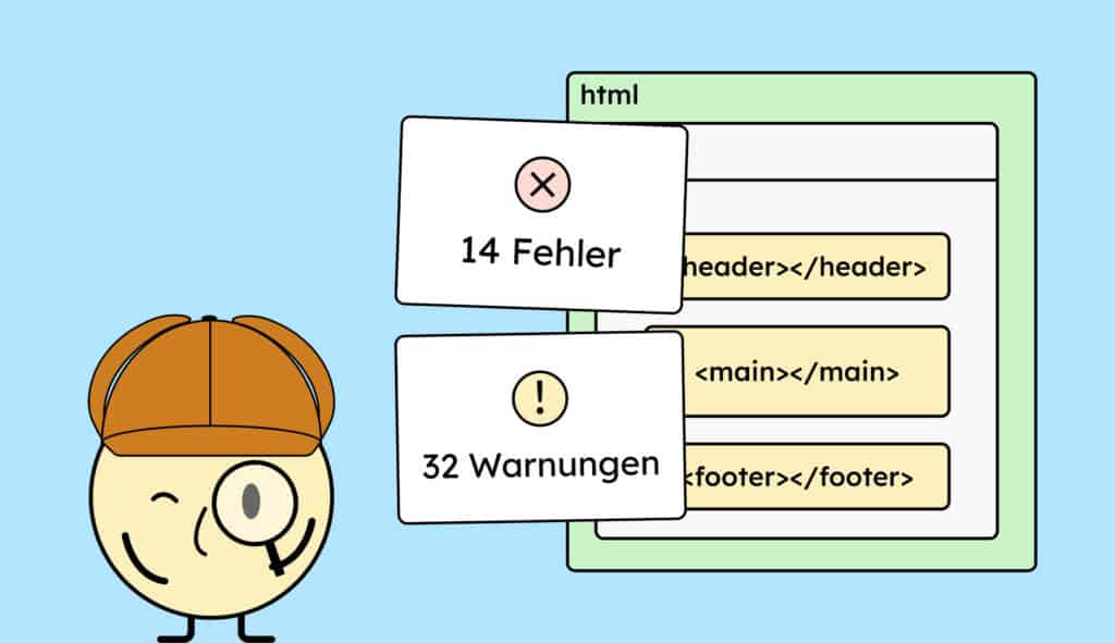 Unser Maskottchen Sam, als Sherlock verkleidet, untersucht eine Webseite auf Fehler.