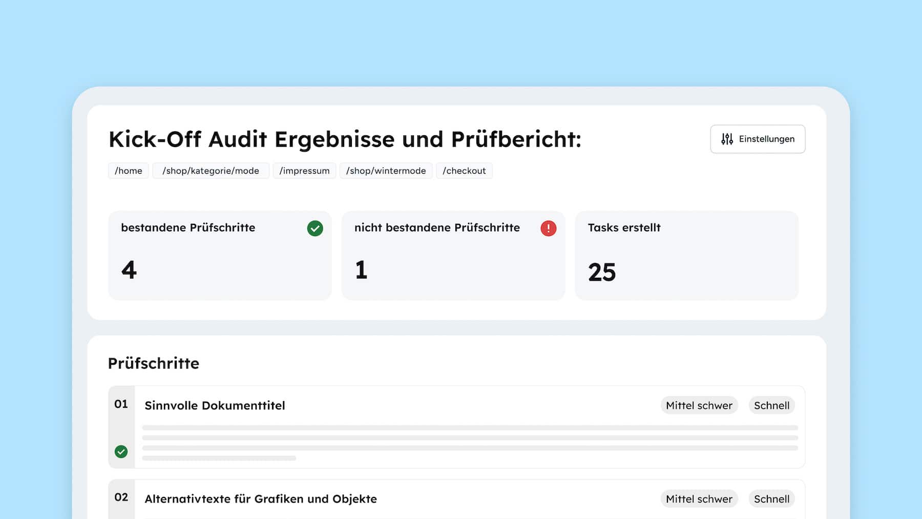 Screenshot des oberen Teil eines Prüfberichts, auf dem die Anzahl der Fehler steht.