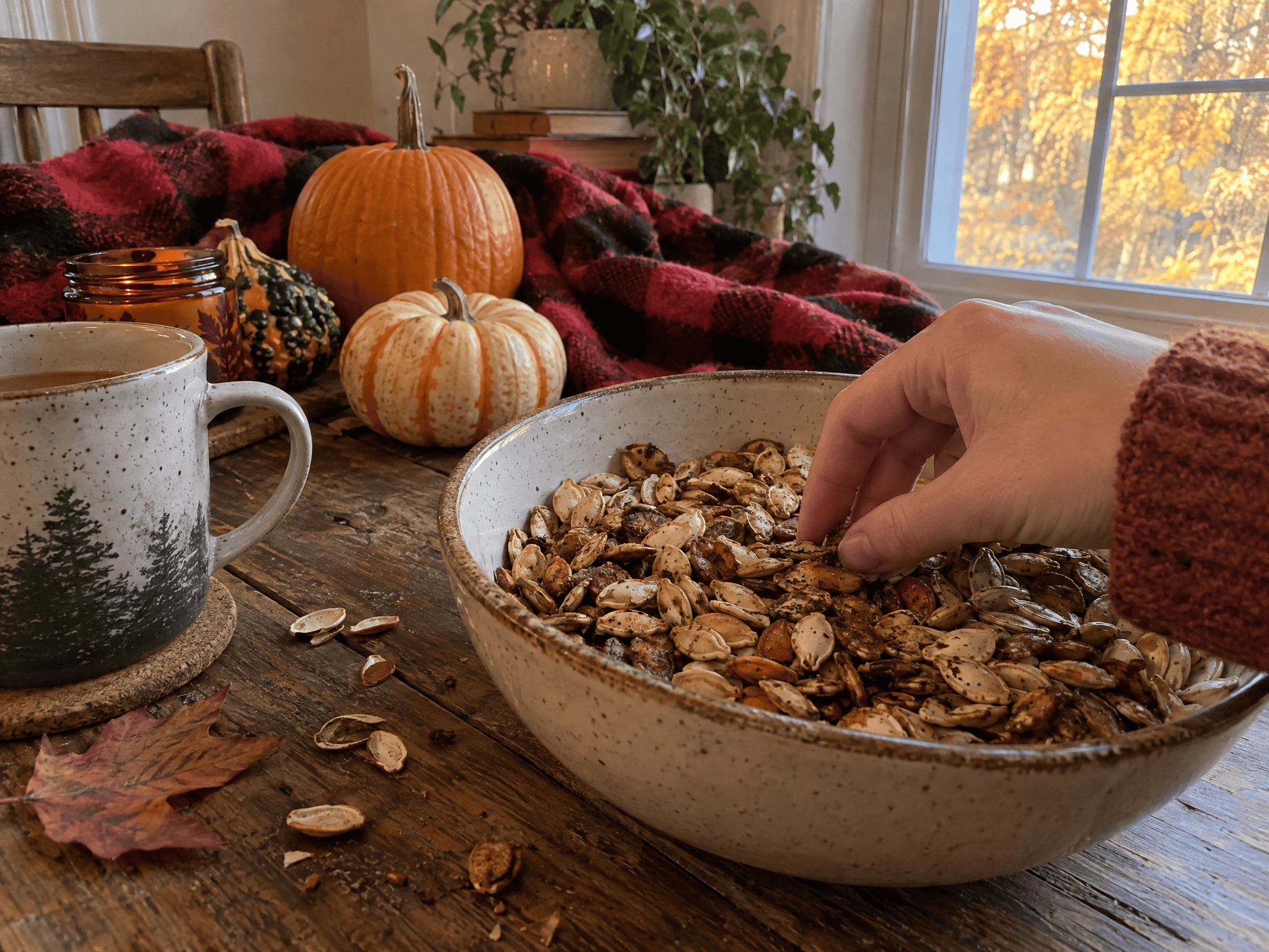 A cozy fall scene with a large bowl of roasted pumpkin seeds on a table with decorative pumpkins and a hand reaching in