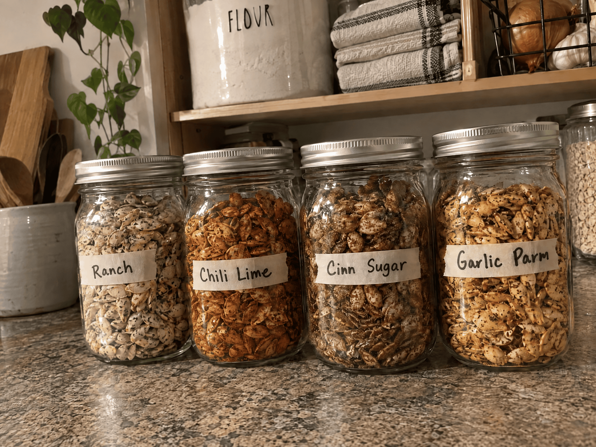 Mason jars filled with different varieties of seasoned pumpkin seeds lined up on a kitchen shelf with handwritten labels