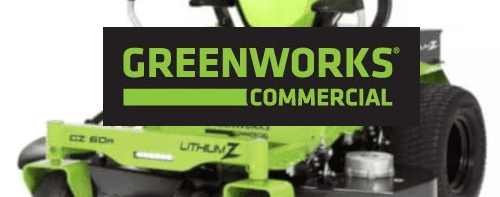 greenworks commercial lawn tractor with greenworks logo superimposed