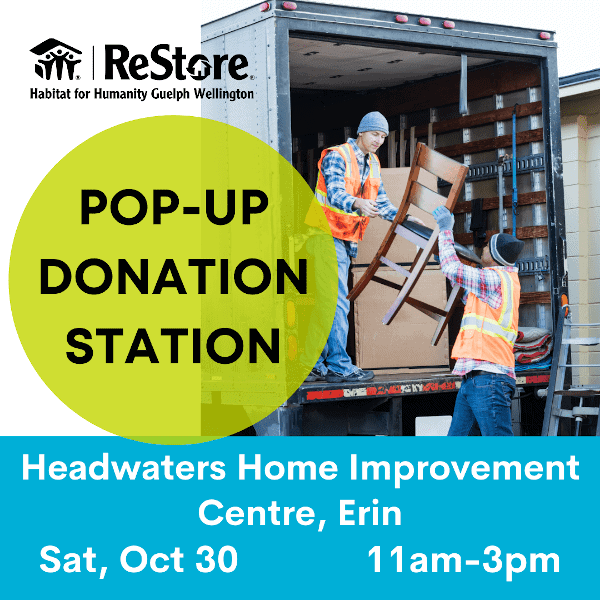 truck being loaded with household goods and words overlayed pop-up donation station with time and date