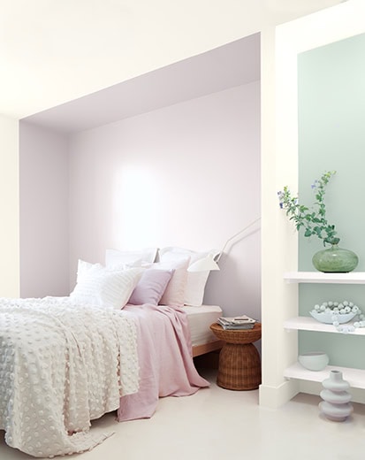 Hint-of-Violet-Bedroom-413x520 white bedroom with violet inset and blue-green accent