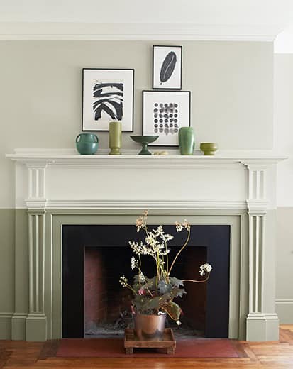 Morning-Dew-October-Mist-Fireplace-413x520 fireplance mantle painted off whilte above sage green