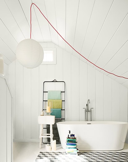 Steam-Bathroom-413x520 white painted bathroom with large bathtub and hanging ceiling ilght