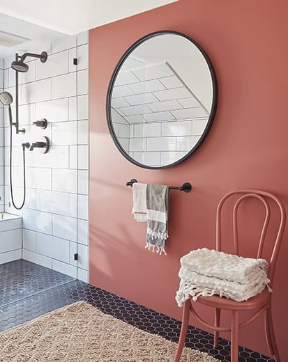 Wild-Flower-Bathroom-413x520 earthy red painted bathroom with white tiles