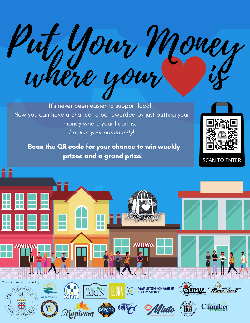 shop local graphic with text put your money where your heart is and a qr code