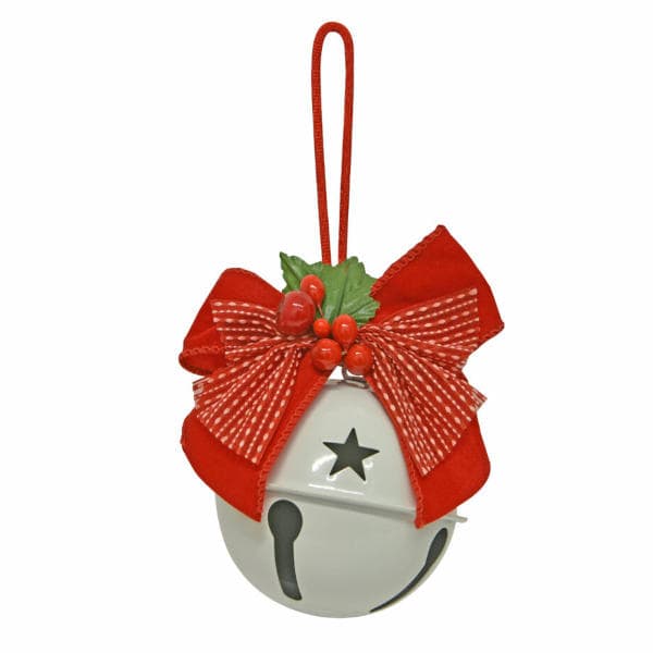 christmas bell white with red bow and holly berry