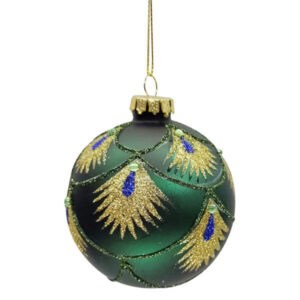 christmas glass ball green with painted peacock feathers
