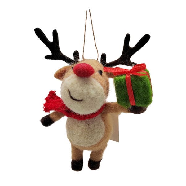 christmas ornament woolen reindeer holding gift