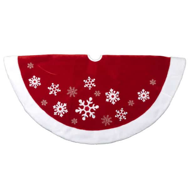 christmas tree skirt red velvet with white snowflakes