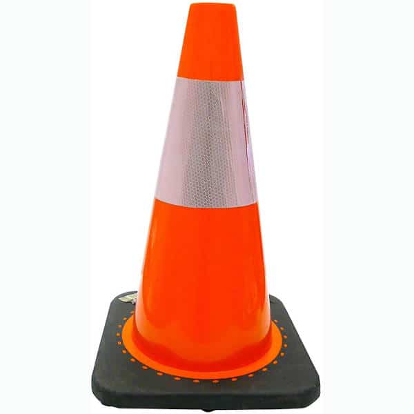 orange traffic cone with reflective tape