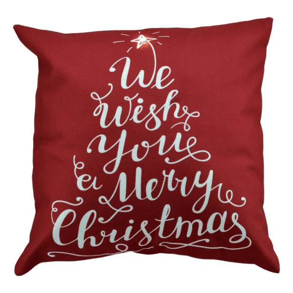 christmas decor red cushion lighted with 1 led with we wish you a merry christmas print in white letters