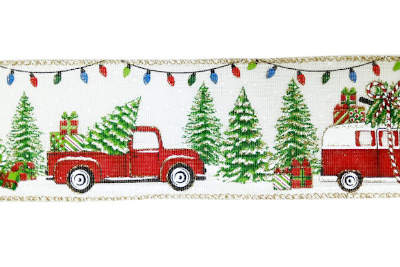 christmas tree trim with christmas tree in pickup truck
