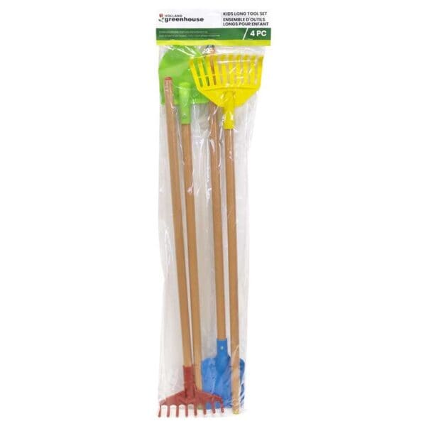 kids long tools set including round shovel, square shovel, leaf rake and bow rake