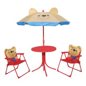 children's patio set of two chairs, table and umbrella in a teddy bear theme