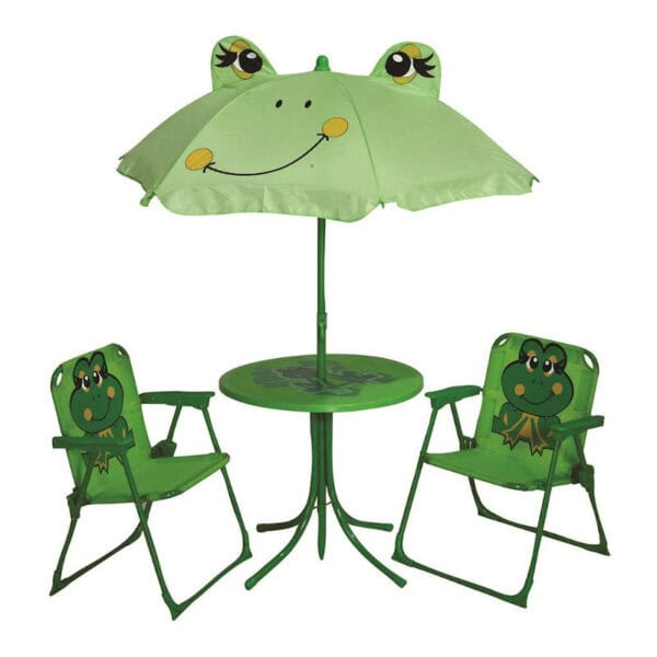 children's patio set in a frog theme with two chairs, table and umbrella
