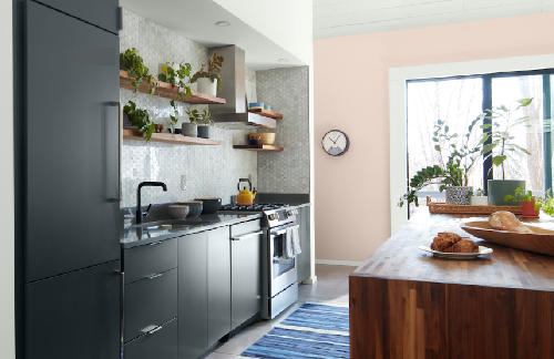 ben-kitchen kitchen cabinet and wood furniture in front of wall painted pink with benjamin moore ben paint