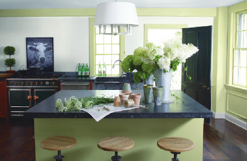 regal-kitchen-area kitchenette table and stools in front of walls painted with benjamin moore regal paint