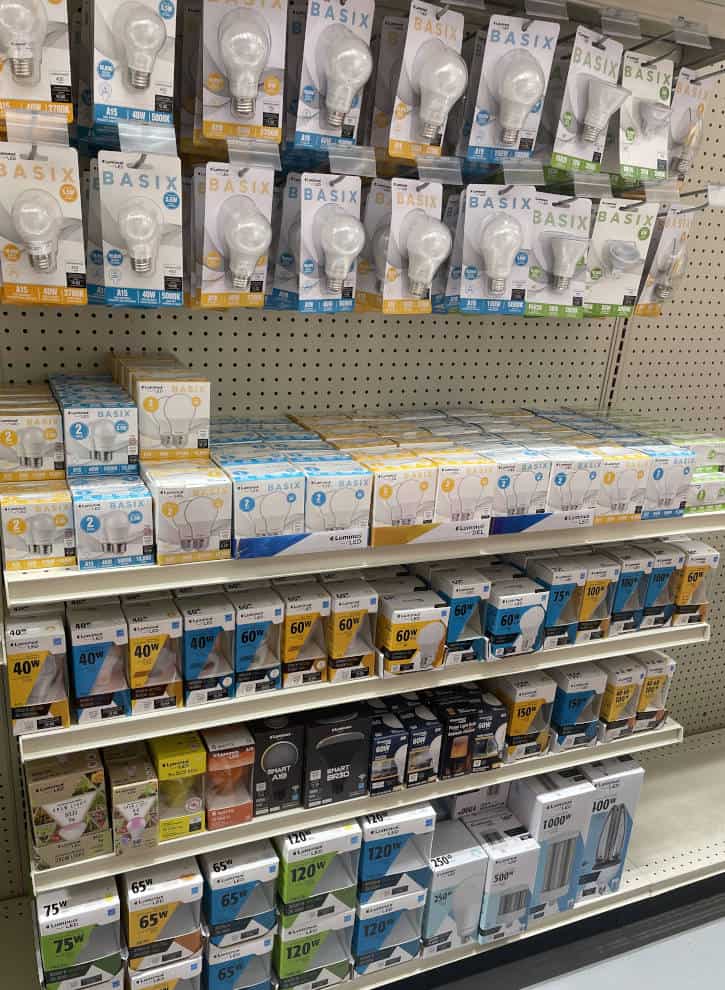 Luminos-Display-cropped2 shelves stocked with a variety of led light bulbs
