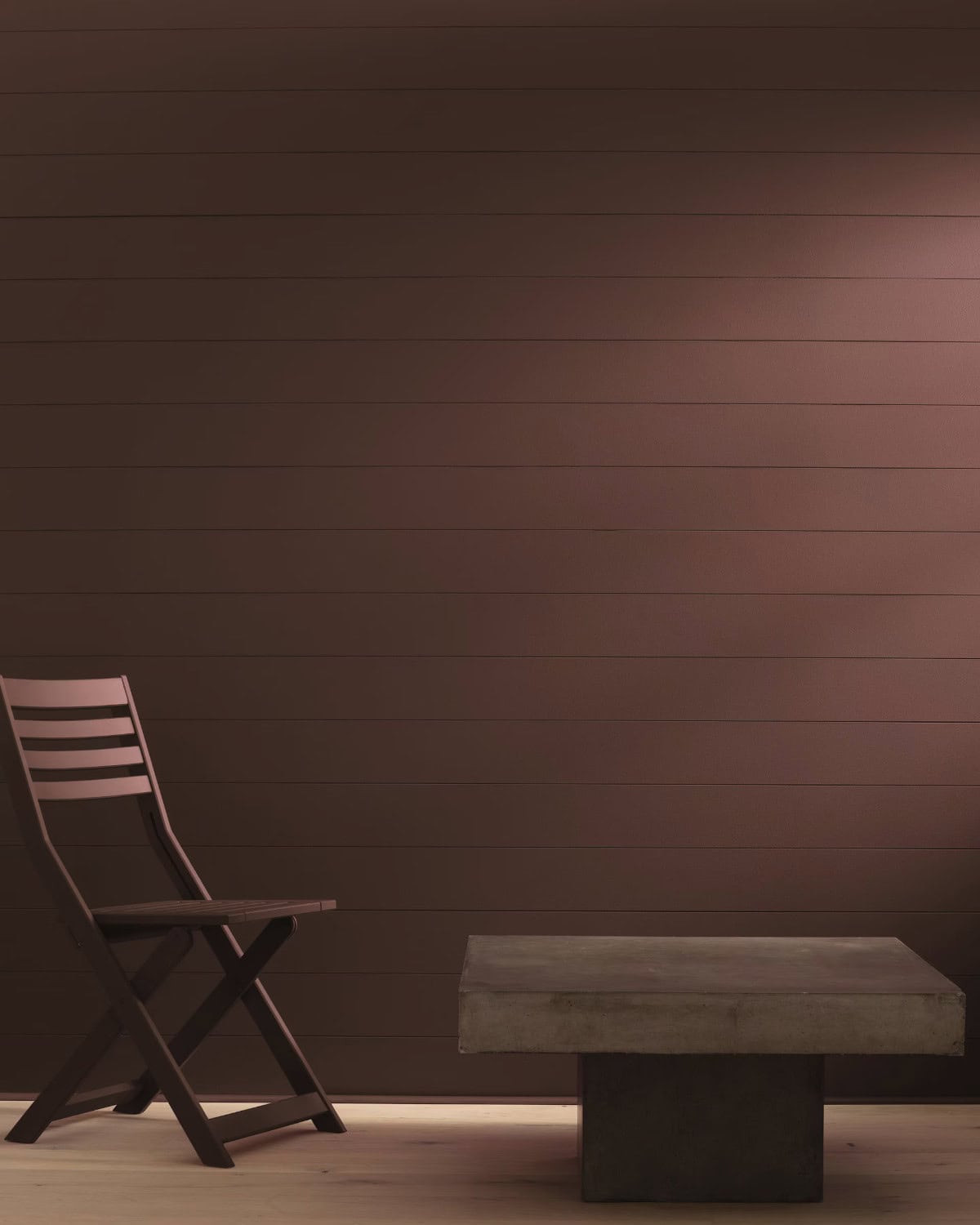 benjamin-moore-chocolate-sundae rustic table and chair in front of wall that is painted with benjamin moore colour 'chocolate sundae'