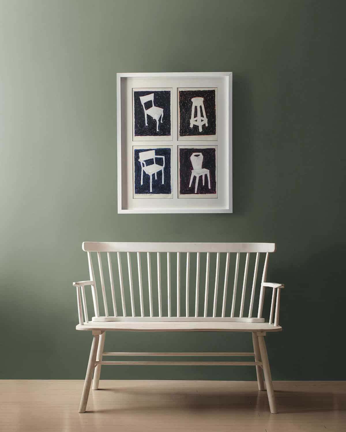 benjamin-moore-rosepine framed print above wicker sofa in front of wall painted in benjamin moore colour 'rosepine'