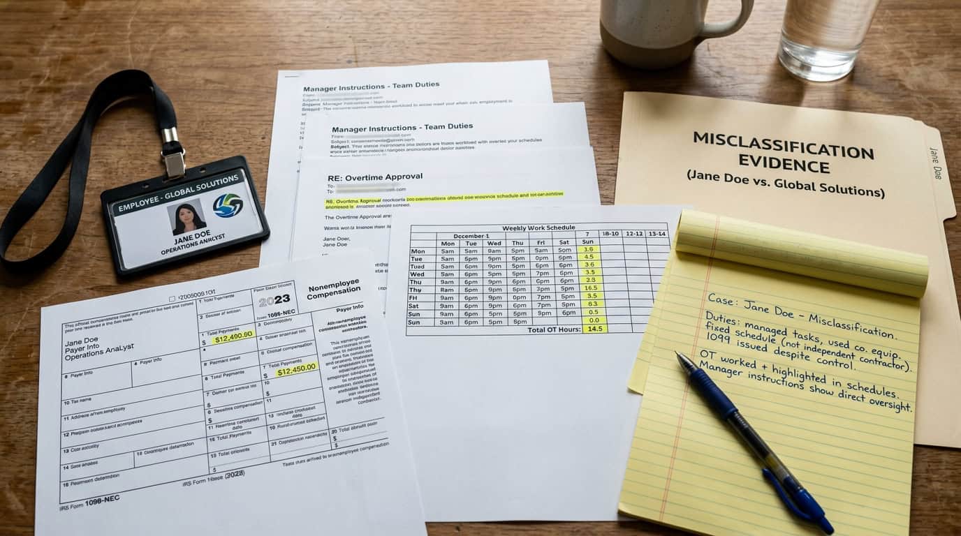 Organized evidence binder with supervisor directives, company ID badge, weekly schedules, and Form 1099