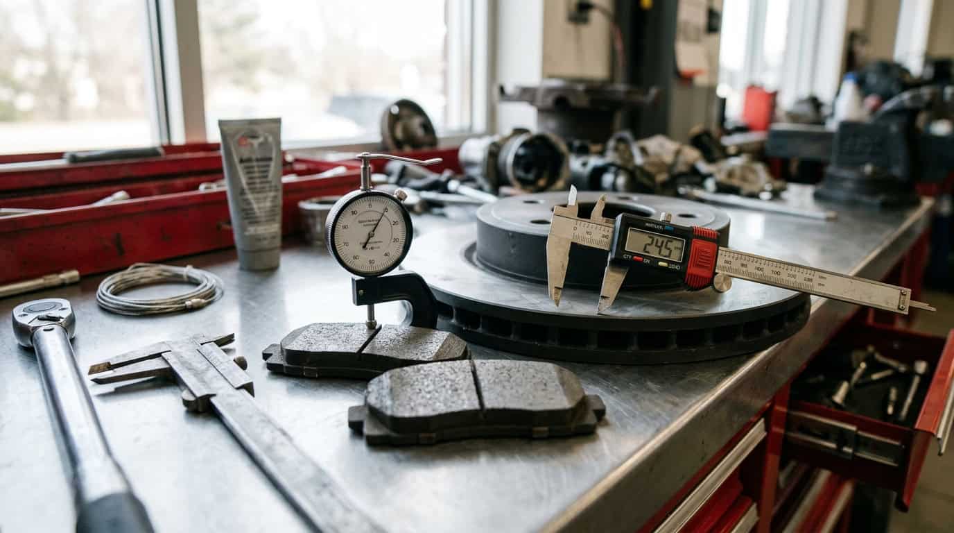 Replaced automotive brake rotors and measuring caliper gauge on mechanics workbench
