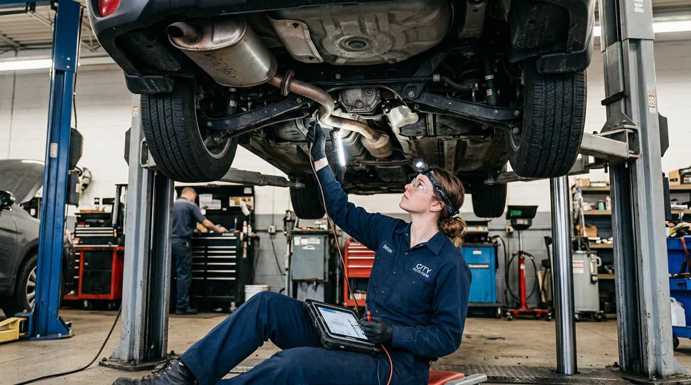 Automotive service technician performing diagnostic mechanical inspection under vehicle on lift