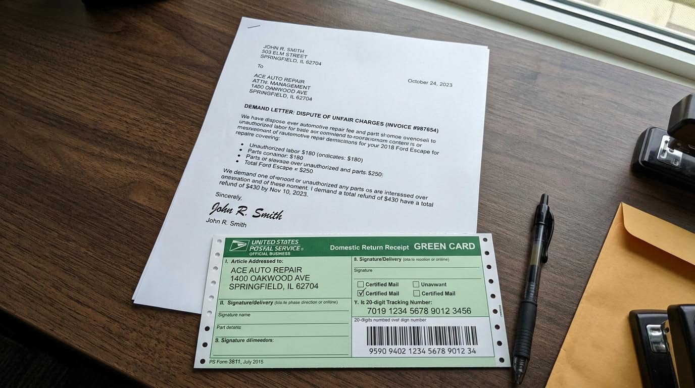 Formal typed auto repair fee dispute demand letter with USPS certified mail green card receipt