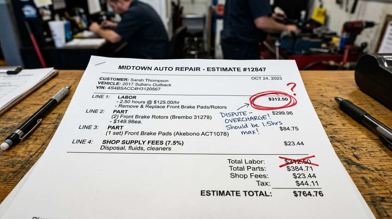 Automotive repair estimate invoice showing disputed unauthorized labor and parts overcharges