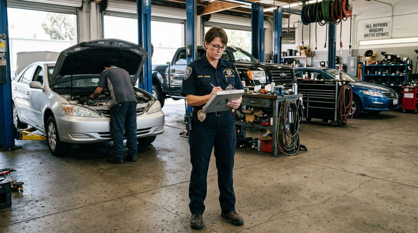 State Bureau of Automotive Repair regulatory licensing inspector conducting compliance audit