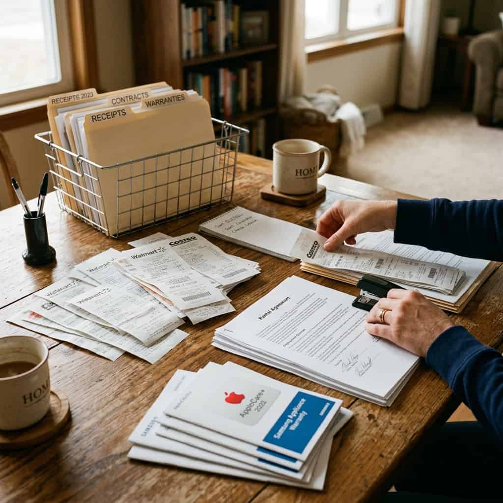 Consumer organizing order receipts and correspondence for third-party seller dispute
