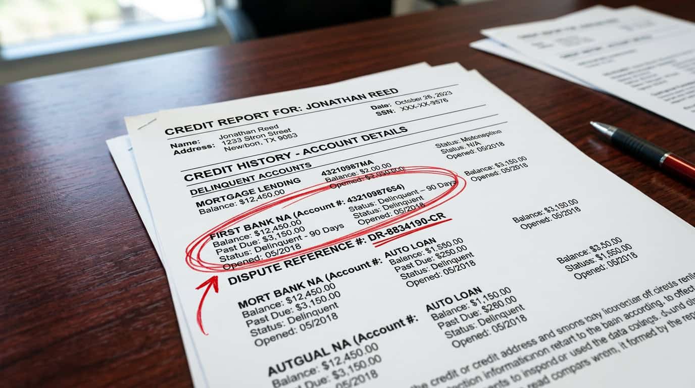 Credit report error investigation with circled delinquent account details