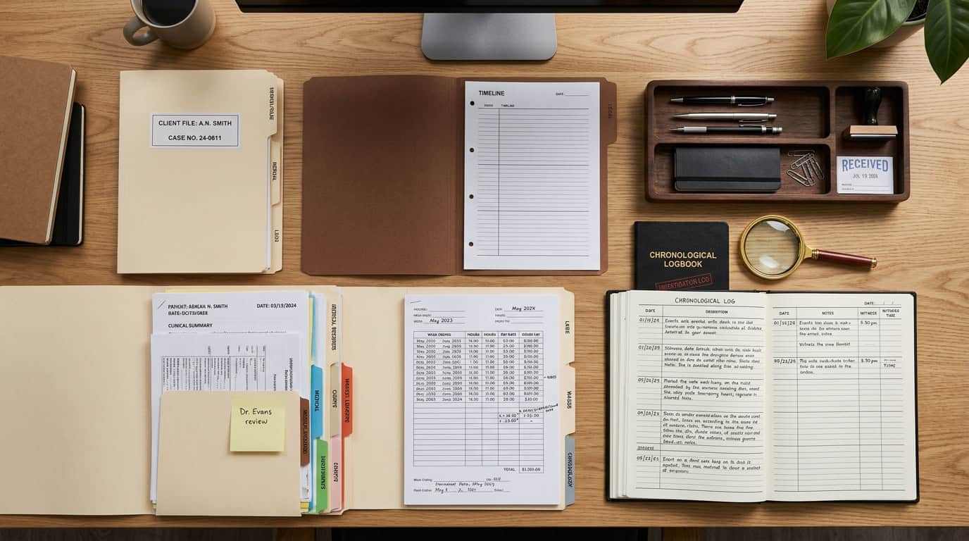 Evidence assembly showing chronological activity logs and unreported wage records