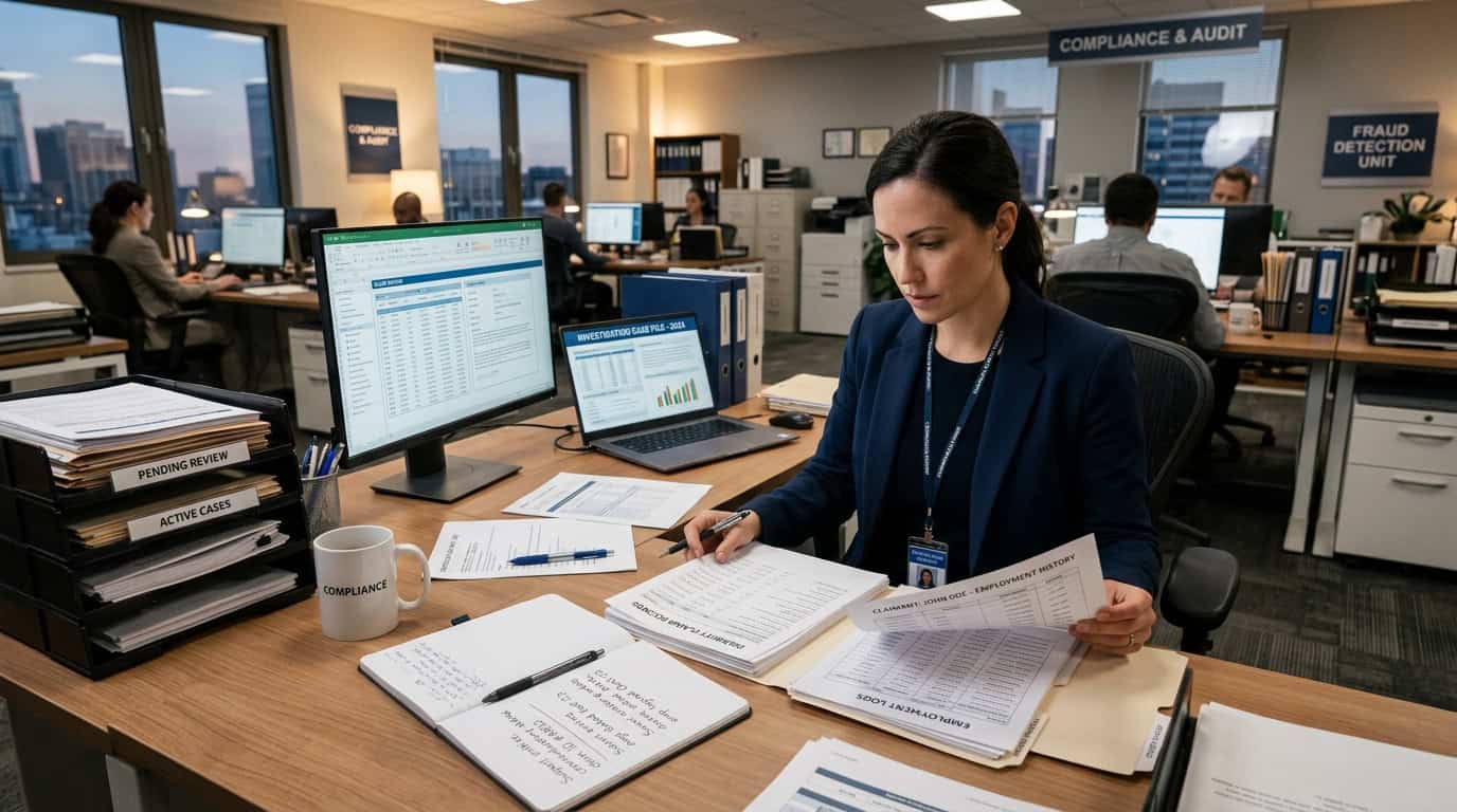 Compliance officer reviewing suspicious disability benefits records and payroll ledgers