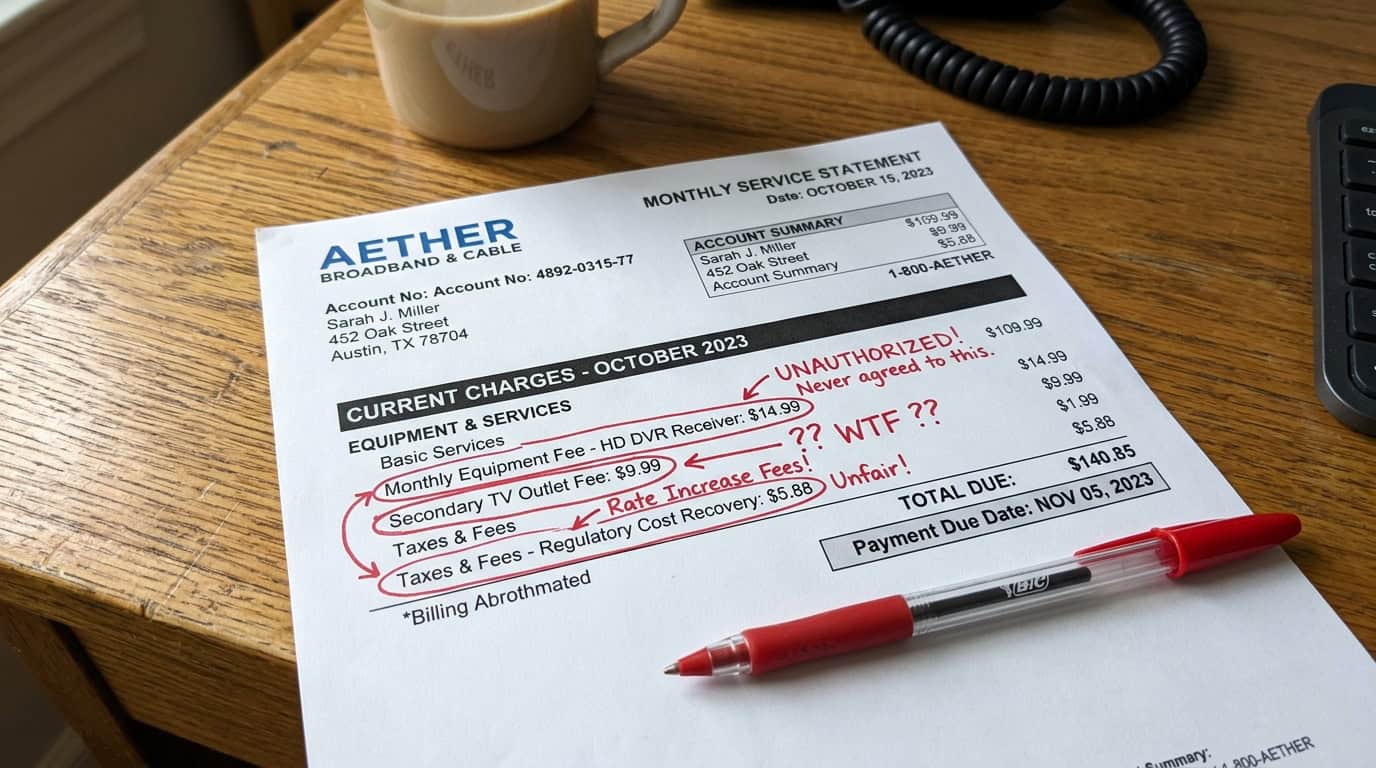 Disputed telecom billing invoice with circled unauthorized equipment charges