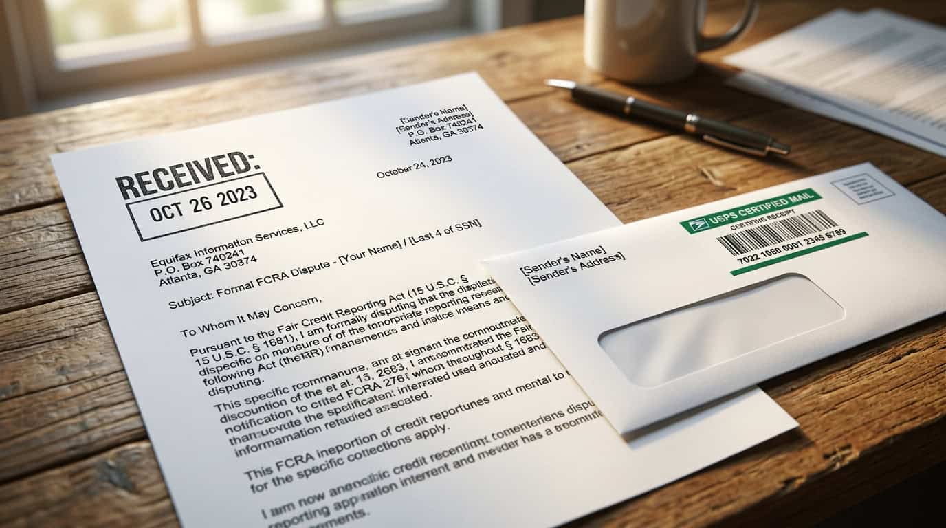 Formal FCRA 611 statutory dispute letter with USPS certified mail barcode
