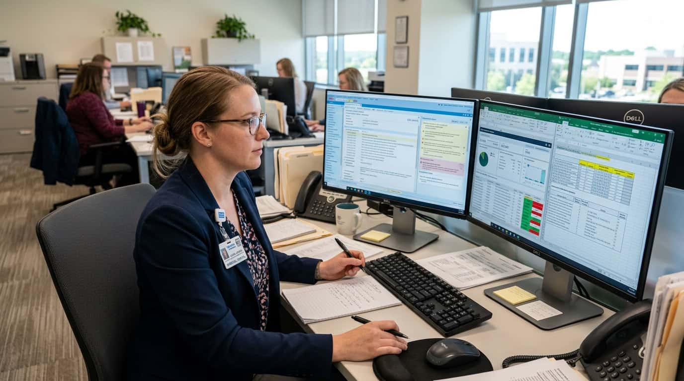 Hospital revenue cycle billing compliance officer reviewing patient dispute file