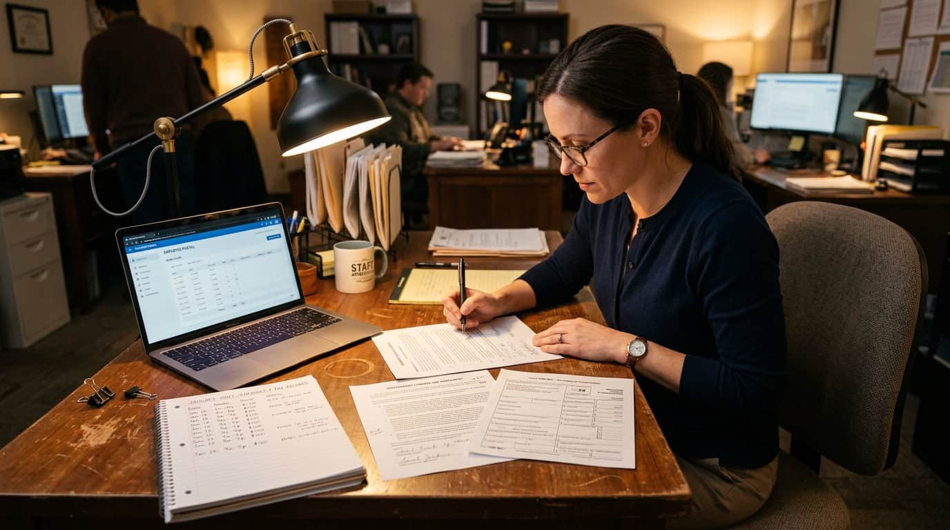 Worker examining an independent contractor agreement and Form 1099 with set hourly work schedules