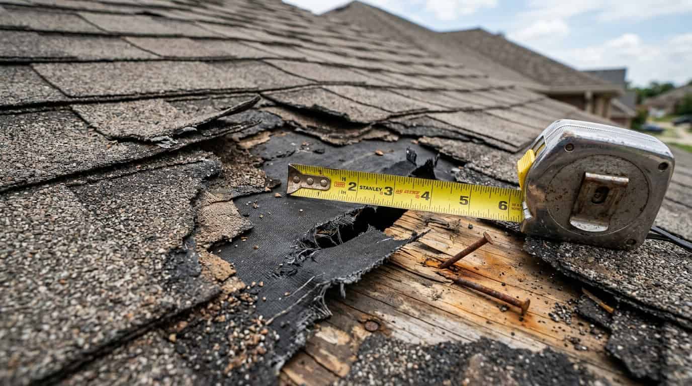 Forensic measurement of defective roofing installation missing underlayment and building code violations