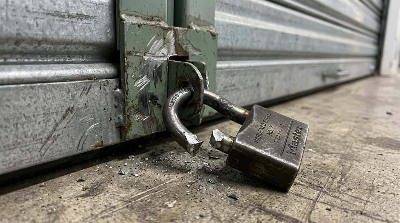 Severed bolt-cutter padlock and damaged lock latch documenting unlawful self-storage unit entry and lockout