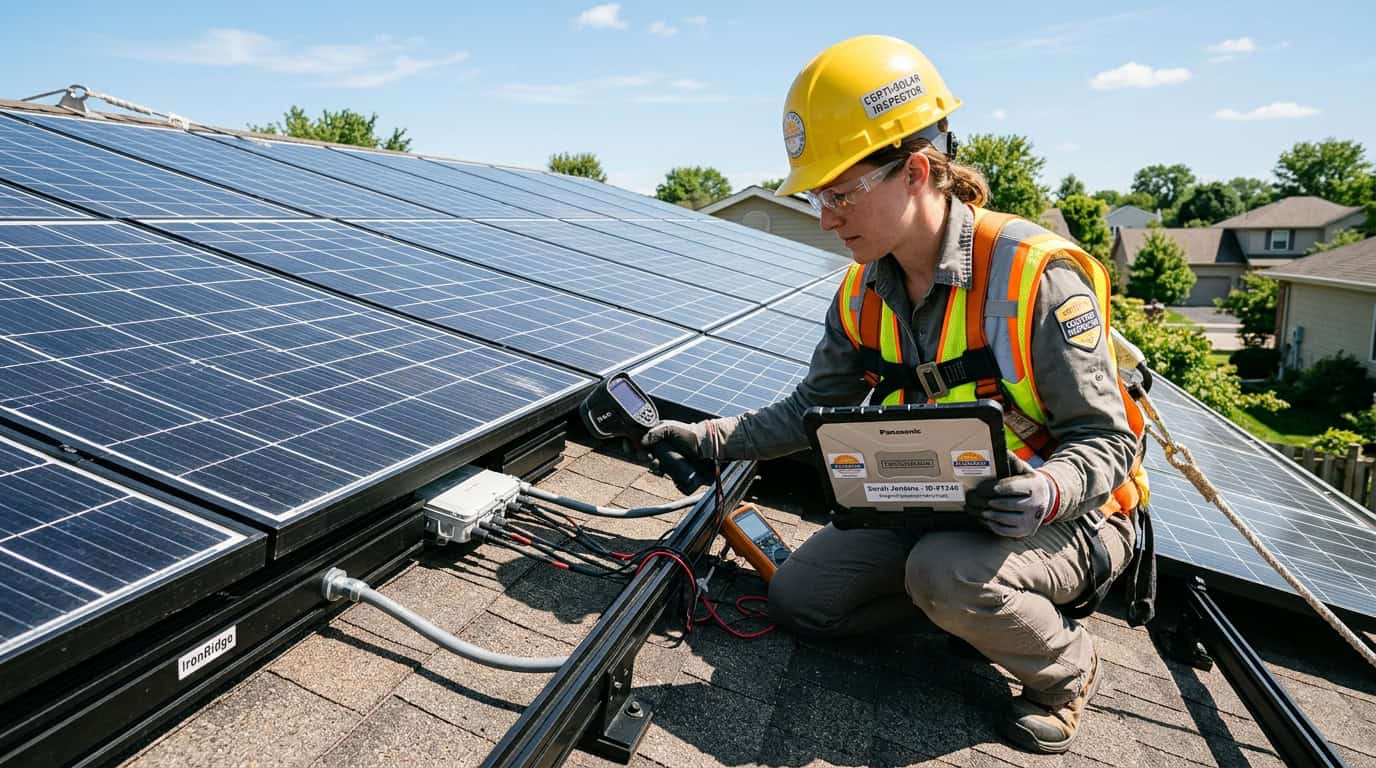 Certified solar inspector conducting diagnostic examination of residential rooftop solar panel installation