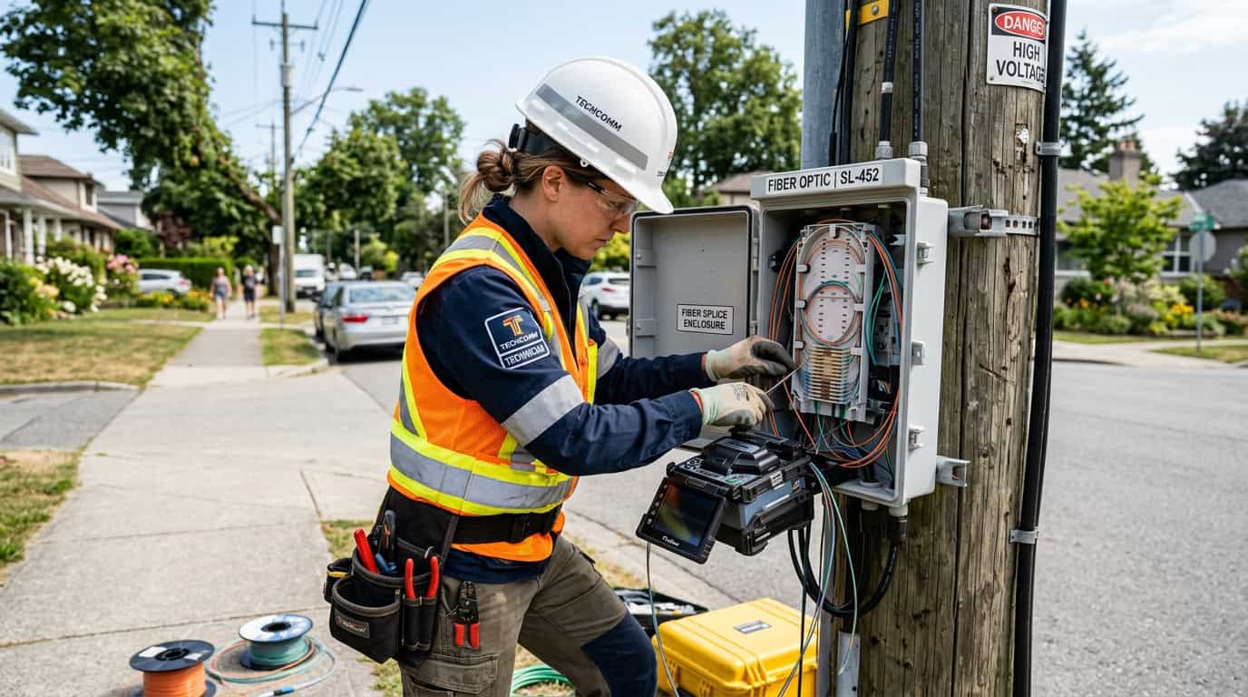 How to Report Utility Monopolies: Telecom technician maintaining outdoor fiber optic splice enclosure